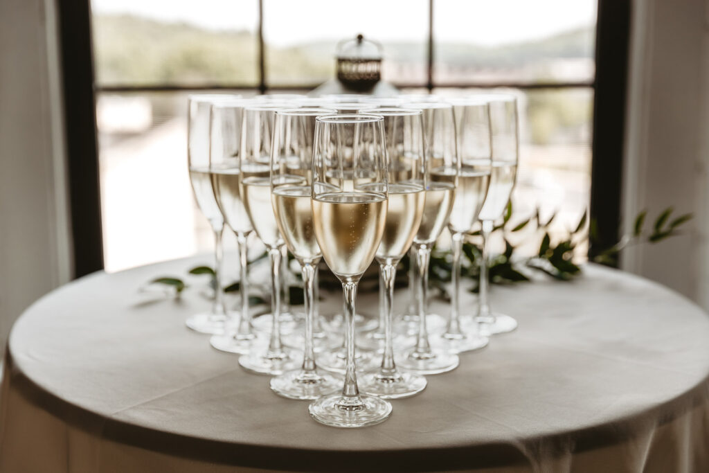 champagne glasses set up in the shape of a triangle at a unique philadelphia wedding venue