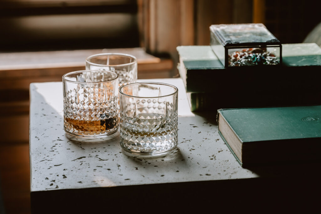 whiskey and vintage whiskey glasses at the guild house hotel