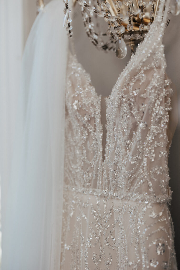 close up of sequin wedding dress at Cameron Estate Inn